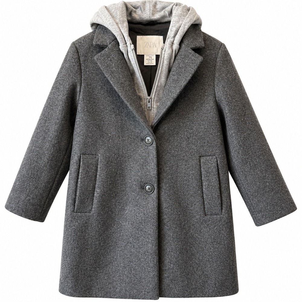 Zara Girls Wool Blend Overcoat Hooded Bib Gray 11-12 Winter Jacket Classic